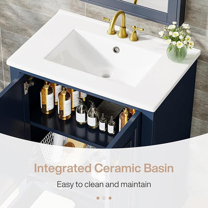 Tribesigns 24" Bathroom Vanity with Ceramic Sink Combo, Freestanding Bathroom Storage Vanity Cabinet with 2 Doors & 1 Drawer, Solid Wooden Frame & Coated Surface, Metal Handle, Navy Blue
