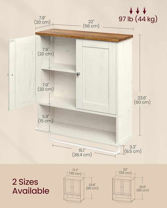 VASAGLE SIREN Collection Bathroom Wall Cabinet, Hanging Storage | Bathroom storage cabinet, with towel rod, farmhouse, adjustable shelf, and doors, 7.9 x 20 x 23.6 Inches UBBK149WJ01S