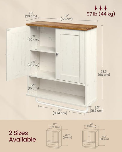 VASAGLE SIREN Collection Bathroom Wall Cabinet, Hanging Storage | Bathroom storage cabinet, with towel rod, farmhouse, adjustable shelf, and doors, 7.9 x 20 x 23.6 Inches UBBK149WJ01S