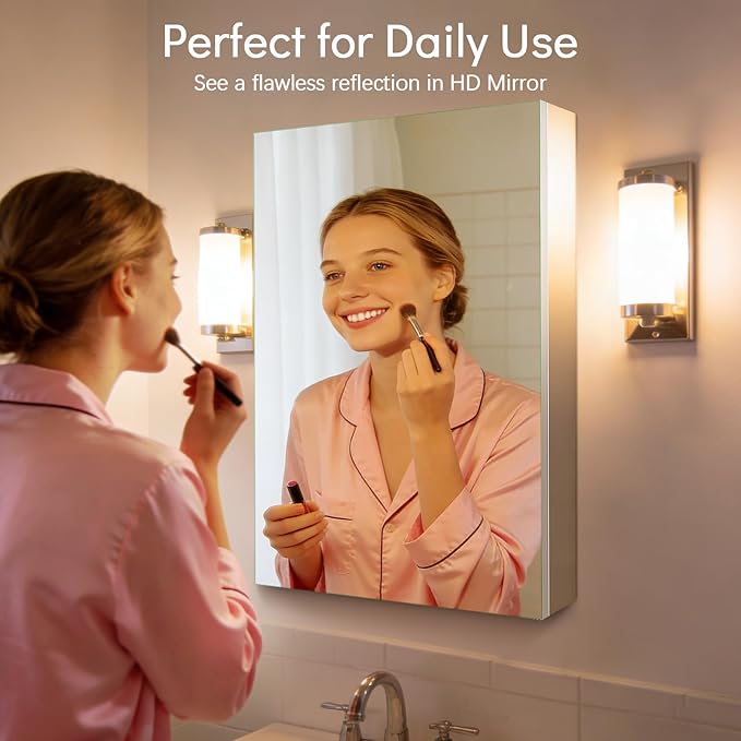20 x 26 Medicine Cabinet Mirror, Mount or Recessed Bathroom Mirror with Storage, Aluminum Framed Medicine Cabinet with Adjustable Shelves for Bathroom Vanity Modern Farmhouse
