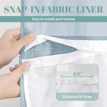 eachope No Hook Waffle Shower Curtain with Snap-in Liner, 54x80 Inch, Teal | 230GSM waffle weave fabric, waterproof liner set with 2 bottom magnets, mesh window, washable, for shower stalls or bathrooms