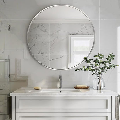 Round Mirror 22 inch, Nickel Bathroom Mirror, Brushed Metal Frame | Brushed Metal Frame, High Definition Mirror, Waterproof, Suitable for Bedroom, Bathroom, Entryway, Living Room, Vanity