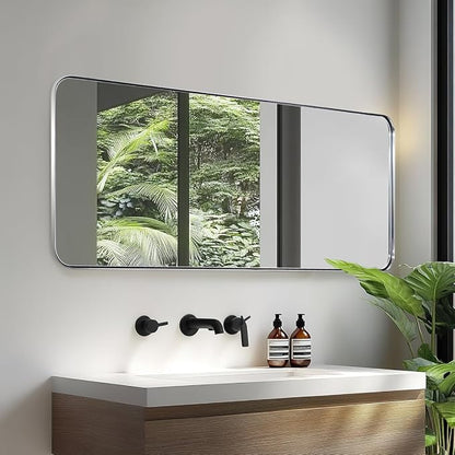 18" x 48" Full Length Wall Mirror, Large Polished Chrome Mirror for Bathroom, Rounded Corner Rectangle Body for Floor and Leaning