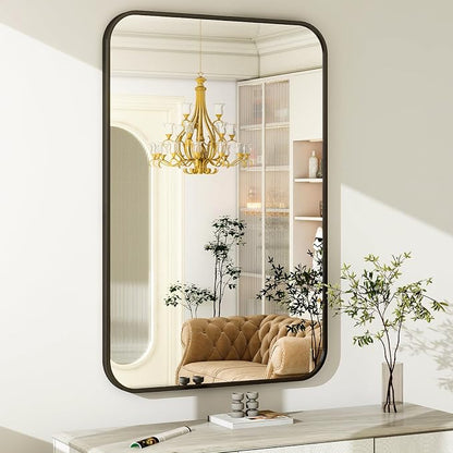 Easly 30 x 40 Inch Bathroom Mirror, Rounded Rectangular Vanity Mirror for Wall, Modern Mirror for Room Decor, Black Framed Wall-Mounted Mirrors for Home Decor, Hangs Horizontally or Vertically
