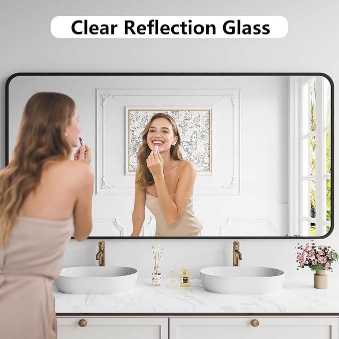 Koonmi Bathroom Mirror, 36X71 Brushed Black Rectangle Wall Mirror, HD Tempered Glass, Anti-Rust Frame Vanity Mirror, Rounded Rectangle Mirror for Restroom, Bedroom, Hangs Horizontal or Vertical