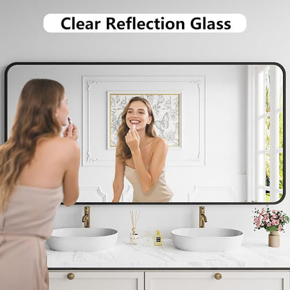 Koonmi Bathroom Mirror, 36X71 Brushed Black Rectangle Wall Mirror, HD Tempered Glass, Anti-Rust Frame Vanity Mirror, Rounded Rectangle Mirror for Restroom, Bedroom, Hangs Horizontal or Vertical