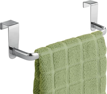 mDesign Steel Metal Wire Over Cabinet Towel Rack Storage Organizer - Hang on Cabinet or Door - Towel Bar Holder for Kitchen - Holds Hand Towels, Washcloths - Spira Collection, 2 Pack, Chrome
