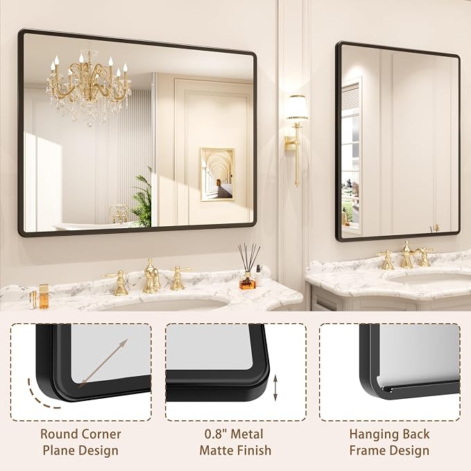 pertetey 24 x 36 in Rounded Rectangle Bathroom Mirror | Black Metal Frame, Tempered Glass, Wall Mounted