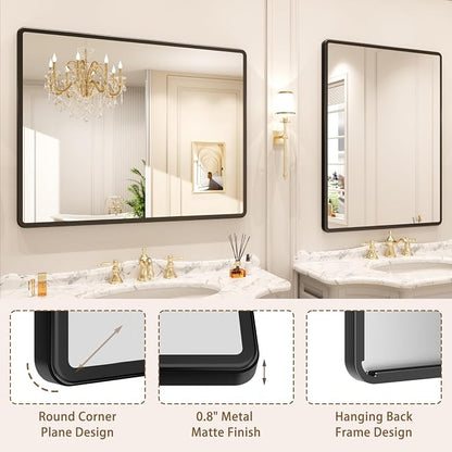 pertetey 24 x 36 in Rounded Rectangle Bathroom Mirror | Black Metal Frame, Tempered Glass, Wall Mounted