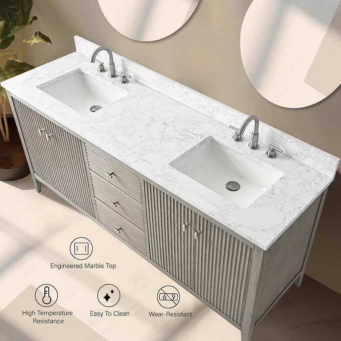 Vanity Art 72 inch Bathroom Vanity with Double Sink & Ceramic Top, Vanity Cabinet with Soft-Closing Door, Solid Wood Frame, Linear Pattern, Driftwood Gray, Golden Brushed Handware VA9172-DDG-GB