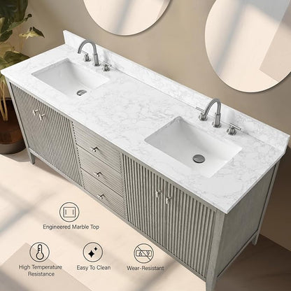 Vanity Art 72 inch Bathroom Vanity with Double Sink & Ceramic Top, Vanity Cabinet with Soft-Closing Door, Solid Wood Frame, Linear Pattern, Driftwood Gray, Golden Brushed Handware VA9172-DDG-GB