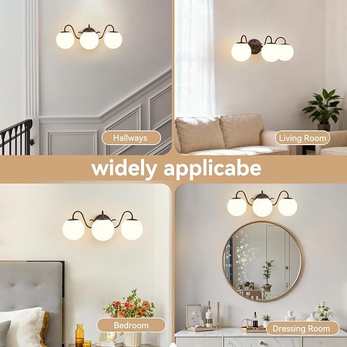 3 Lights Vintage Bathroom Vanity Light Fixtures Over Mirror, Oil Rubbed Bronze Vanity Lights For Bathroom With Milk Glass Globe Shade, Wall Lights For Bedroom, Hallway, Dressing Table(G9 Incl.)