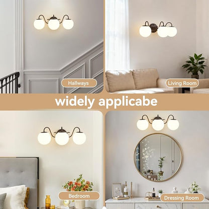 3 Lights Vintage Bathroom Vanity Light Fixtures Over Mirror, Oil Rubbed Bronze Vanity Lights For Bathroom With Milk Glass Globe Shade, Wall Lights For Bedroom, Hallway, Dressing Table(G9 Incl.)