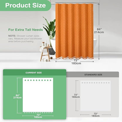 Dynamene Extra Long Shower Curtains, 84 Inches Long Boho Tufted Chevron Striped Fabric Shower Curtains for Bathroom, Tall Minimalist Chic Waterproof Cloth Shower Curtain Set with Hook, Orange, 72x84