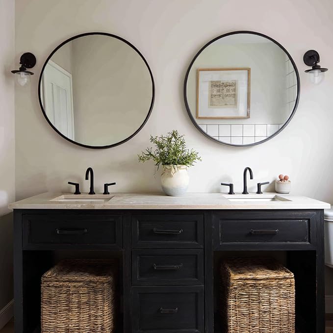 Black Circle Mirror 28 inch, 2 Pack Round Mirror, Matte Metal Frame | High Definition Mirror, Rust-resistant, Easy Installation, Circular Mirrors for Living room Bedroom, Entrance, Restroom