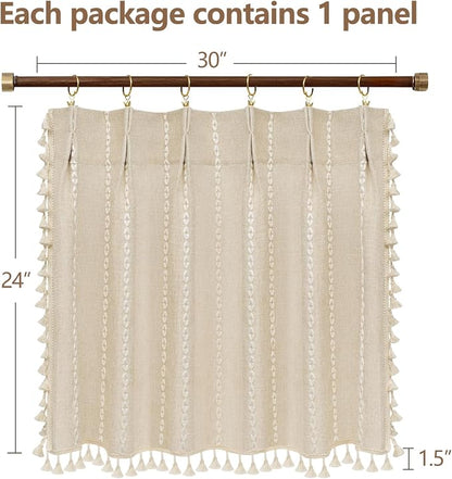 Seenus Beige Boho Farmhouse Window Curtain with Tassels, 30 x 24 Inch Light Filtering Sheer Short Cafe Window Curtain Tier, Linen Textured Pleated Small Window Drape for Kitchen or Bathroom, 1 Panel