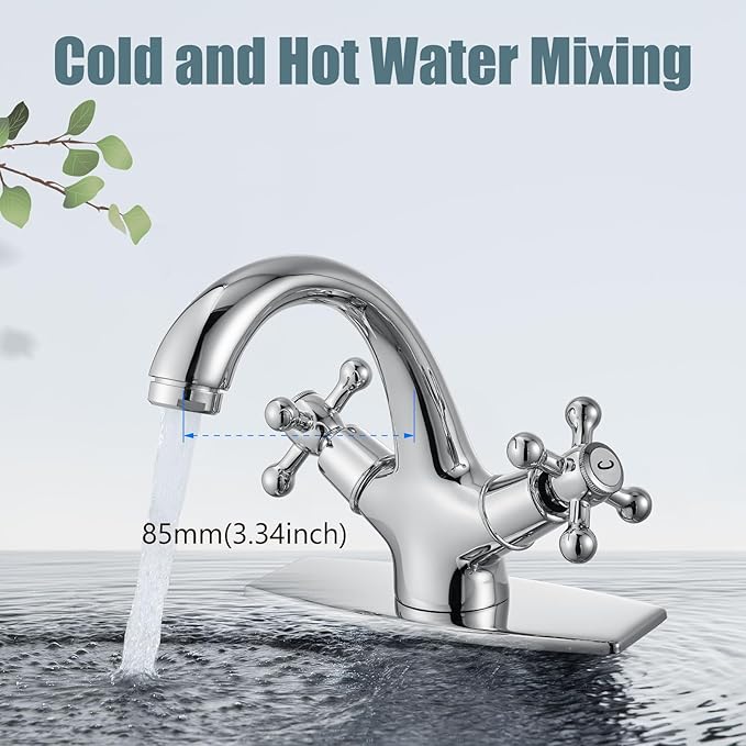 Aolemi Bathroom Sink Faucet Single Hole Cold and Hot Double Handle Cross Knobs Vanity Vessel Sink Basin Mixer Tap with Deck Cover Plate with Pop Up Drain Polish Chrome