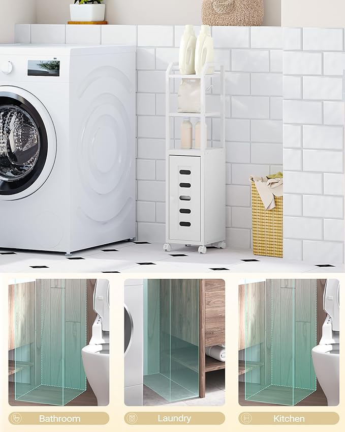 Bathroom Storage Cabinet - Toilet Paper Storage Cabinet, Small Toilet Paper Holder with 4 Wheels, Bathroom Organizer with Adjustable Shelf, for Small Spaces, White BC04613W