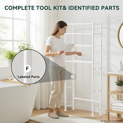 GloTika 4-Tier Over The Toilet Storage Shelves, White | 200lb Total Capacity, Metal Bathroom Organizer with 36" Clearance, Includes Paper Holder & 4 Hooks, Suit for Small Space