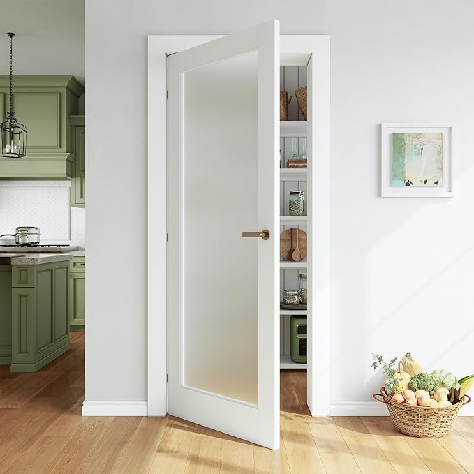 SMARTSTANDARD 24" x 80" Slab Door, Solid Core Frosted Glass Pantry Door | Pre-Assembled Interior Door without Hardware Kit for Pantry, Pocket, White Primed, Paintable Surface
