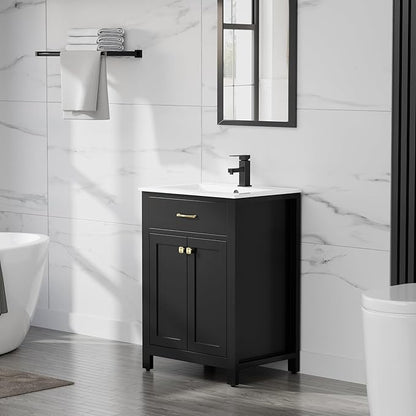 LUCKWIND 24" Bathroom Vanity with Sink Combo, Painted Modern Bathroom Storage Cabinet with Ceramic Sink, Two Doors, Include Faucet Without Mirror, Black