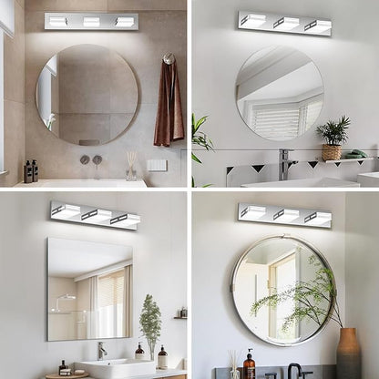 LED Modern Bathroom Light Fixtures, 3-Light 24-Inch Chrome Vanity Lights for Bathroom Lighting Fixtures Over Mirror, 350° Rotatable Acrylic, 6000K Cool White Wall Lamp