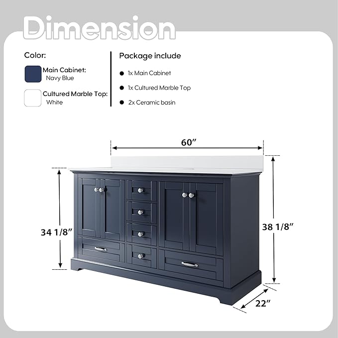 WELLFOR 60" Bathroom Vanity with Double Sinks, Bathroom Freestanding Vanity W/4 Soft-Close Doors and 6 Drawers, Large Storage Space Vanity, Bathroom Vanity with Cultured Marble Countertop (Navy Blue)