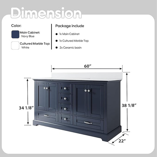 WELLFOR 60" Bathroom Vanity with Double Sinks, Bathroom Freestanding Vanity W/4 Soft-Close Doors and 6 Drawers, Large Storage Space Vanity, Bathroom Vanity with Cultured Marble Countertop (Navy Blue)