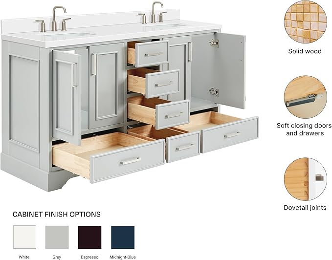 ARIEL Stafford 60-inch Bathroom Vanity with Sink,Solid Wood, 1.5-inch Pure White Quartz Countertop & Backsplash, Double Rectangular Porcelain Sink, 4 Soft Closing Doors, 6 Dovetail Drawers, Grey