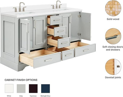 ARIEL Stafford 60-inch Bathroom Vanity with Sink,Solid Wood, 1.5-inch Pure White Quartz Countertop & Backsplash, Double Rectangular Porcelain Sink, 4 Soft Closing Doors, 6 Dovetail Drawers, Grey