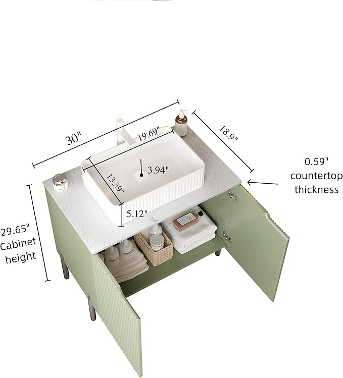 30" Transitional Light Green Bathroom Vanity with Sink, Bathroom Storage Cabinet with 2 Soft Close Doors, Drain Assembly and Pipe NOT Included