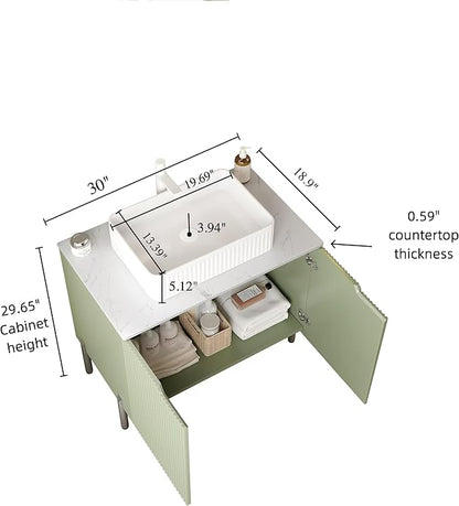 30" Transitional Light Green Bathroom Vanity with Sink, Bathroom Storage Cabinet with 2 Soft Close Doors, Drain Assembly and Pipe NOT Included