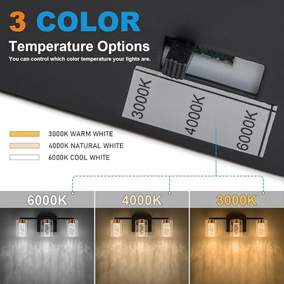 SineRise 3-Light Black and Gold Vanity Light with 3 Color Modes (3000K/4000K/6000K), Eye Protection LED Bathroom Light Fixture, Dimmable Modern Wall Light Over Mirror with Clear Glass Shade