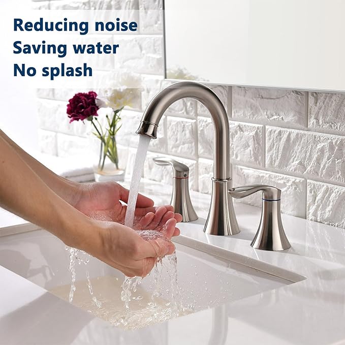 Friho Brushed Nickel Bathroom Faucet 3 Hole, Widespread 8 Inch 2 Handle Vanity Sink Faucet Set with Swivel Spout, Pop Up Drain and Water Supply Hoses