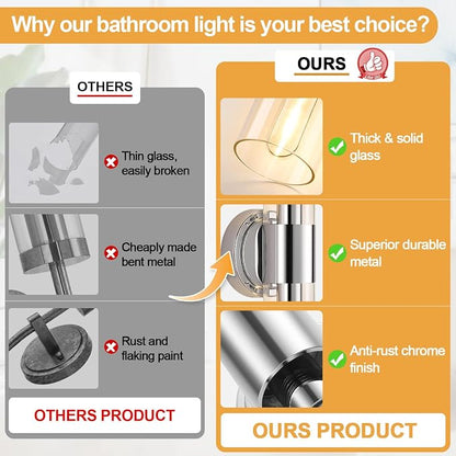 Wall Sconces Set of Two, Modern Bathroom Sconces Wall Lighting with & Clear Glass Glass, Chrome Sconces Wall Decor Set of 2 for Bathroom Mirror Bedroom Living Room Hallway