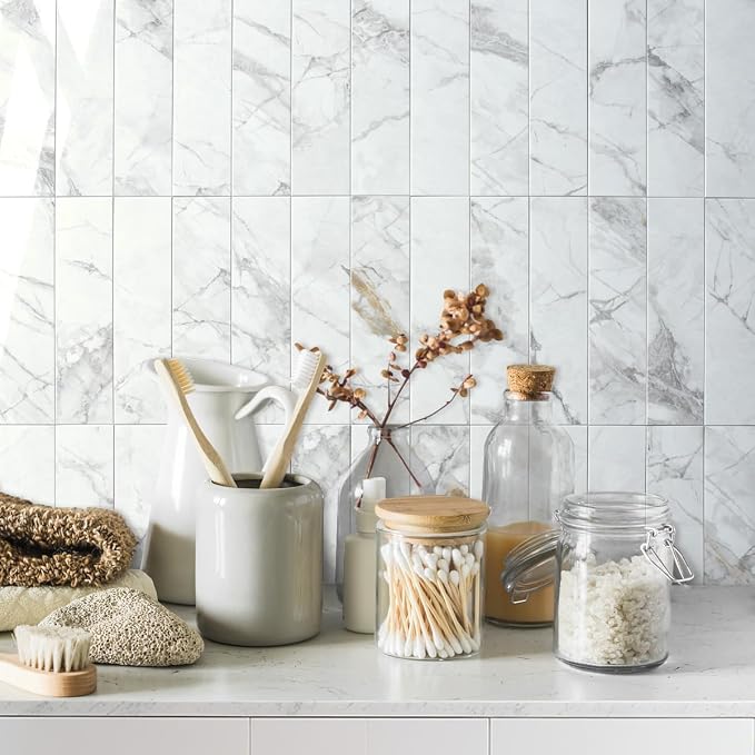 AULIGET Polished White Marble Peel and Stick Backsplash Wall Tiles, 3" x 12" PVC Faux Stone Stick on Tiles for Backsplash Kitchen, 4