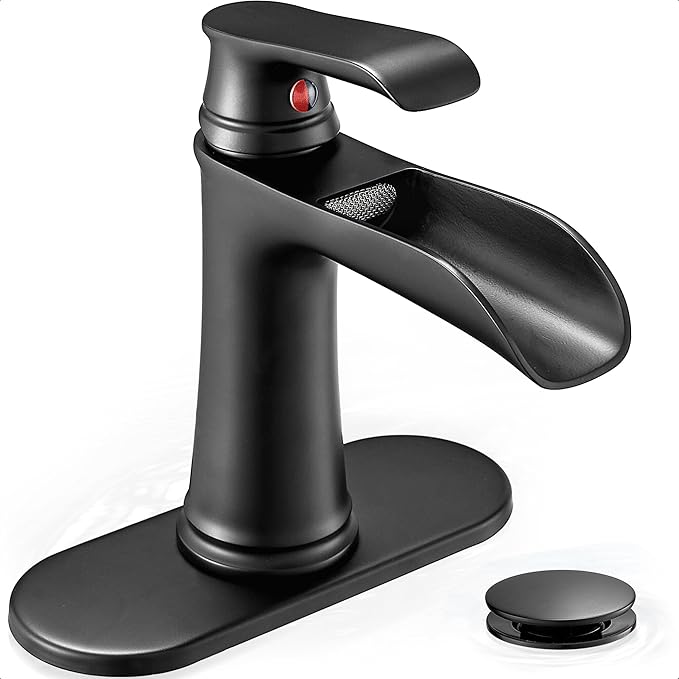 Bathroom Waterfall Faucet, Brass Matte Black Bathroom Faucet, One Handle Bathroom Faucets for Sink 1 Hole or 3 Holes, 4 Inch Bathroom Sink Faucet with Drain Deck Plate Supply Hoses for Lavatory