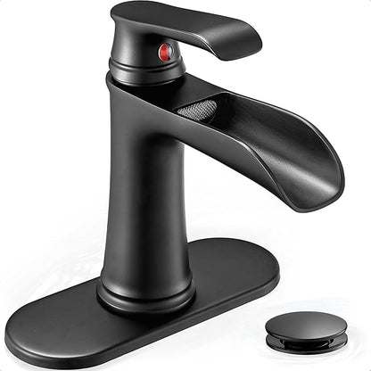 Bathroom Waterfall Faucet, Brass Matte Black Bathroom Faucet, One Handle Bathroom Faucets for Sink 1 Hole or 3 Holes, 4 Inch Bathroom Sink Faucet with Drain Deck Plate Supply Hoses for Lavatory