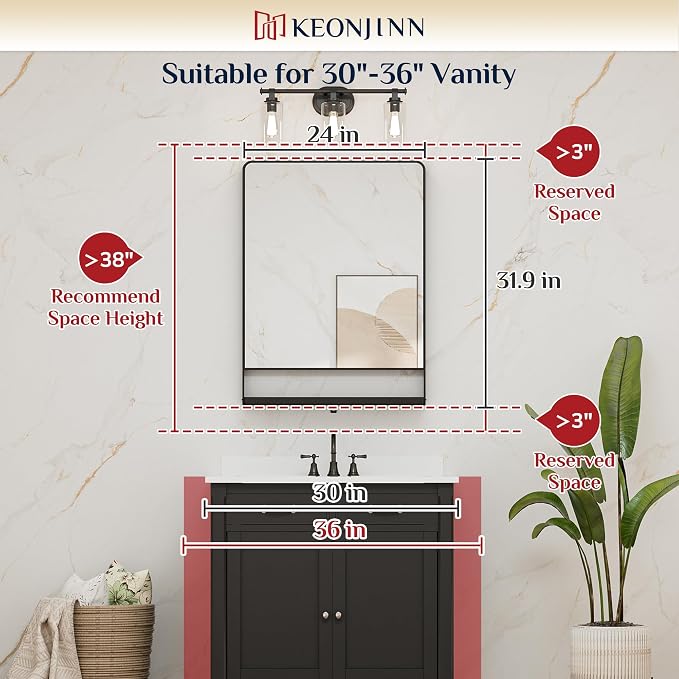 Keonjinn 24 x 32 in Black Bathroom Mirror with Shelf, Rounded Corner | Rust-Resistant, Rectangle Metal Bathroom Vanity Mirror with Storage, French Cleat Mount, Entryway, Bedroom, Hallway, Décor