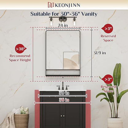 Keonjinn 24 x 32 in Black Bathroom Mirror with Shelf, Rounded Corner | Rust-Resistant, Rectangle Metal Bathroom Vanity Mirror with Storage, French Cleat Mount, Entryway, Bedroom, Hallway, Décor