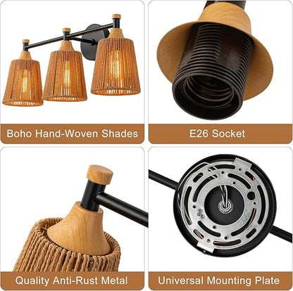 Bathroom Light Fixtures, Boho 3 Light Bathroom Vanity Light Over Mirror with Rattan Woven Wicker Lampshade Rustic Wall Sconce Lighting for Bedroom Kitchen Hallway