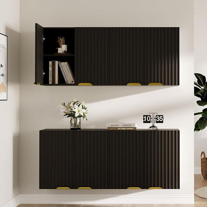 ChooChoo Bathroom Wall Cabinet, Laundry Room Cabinet with 4 Fluted Doors | Kitchen Storage Cupboard Cabinet with Adjustable Shelf, Fluted Wall-Mounted Medicine Cabinet for Kitchen, Garage, Black