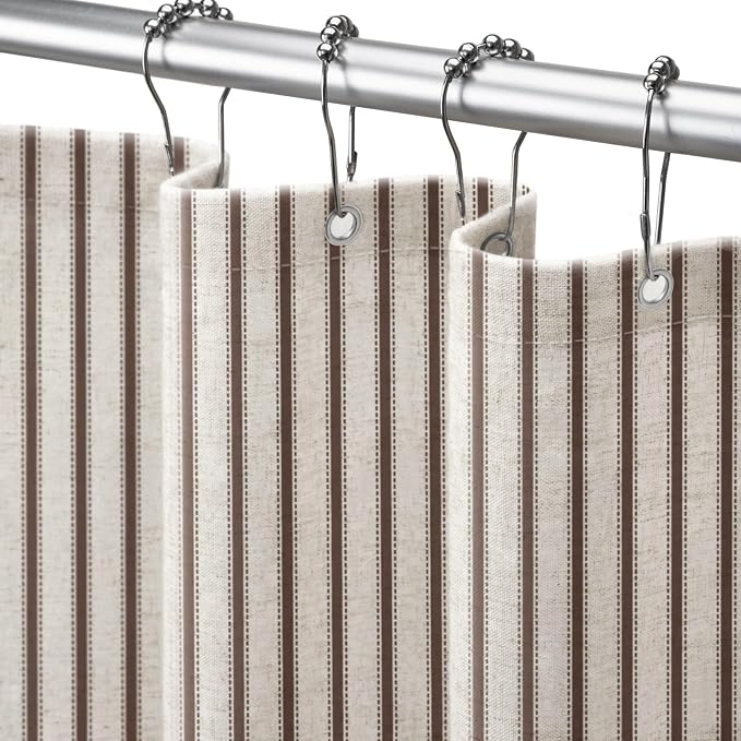 Farmhouse Striped Shower Curtain Brown Vintage Linen Curtain 72"W X 84"L | Extra Long Striped Shower Curtains with Linen Texture for Bathroom Decor