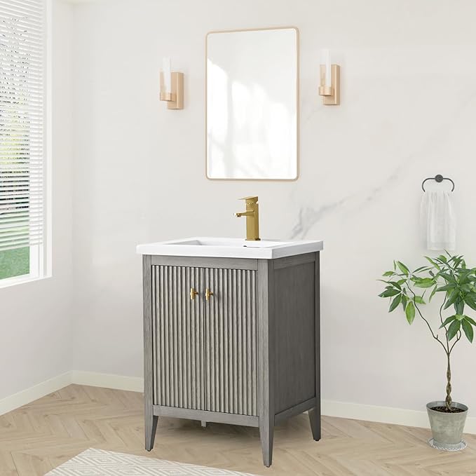HOMEBEYOND 24" Bathroom Vanity with Ceramic Sink, Solid Wood Free-Standing Vanities Cabinet, Ceramic Top, Golden Brushed Handware & Soft Closing Door, Driftwood Gray