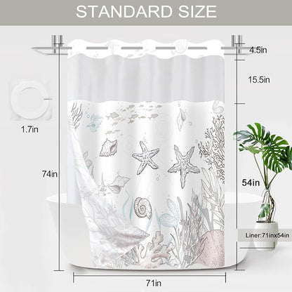No Hook Shower Curtain and Liner Set, Brown Beach Coastal 71x74 | Nautical Ocean for Bathroom, with Snap in Liner Replacement, Mesh Top Window, Waterproof, Machine Washable, Quick-Drying