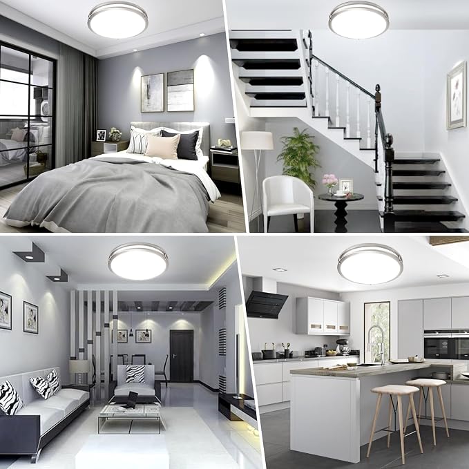 16inch LED Flush Mount Ceiling Light Fixture Dimmable Brushed Nickel, Easy Install Ceiling Lamp Fixture Without Flicker, Super Bright 48W 4800LM 5CCT Warm to White Light 3000K to 6000K 2-Pack