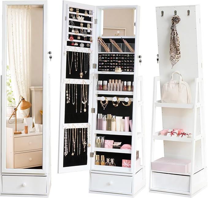 Rotatable Full Length Mirror Jewelry Cabinet Standing With Built-In Mirror - 63.7”H Lockable Jewelry Armoire With Mirror Drawers and 3 Storage Racks Christmas Gift for Wife White