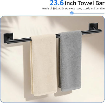 5 Pieces Bathroom Hardware Accessories Set Matte Black Towel Bar Set Stainless Steel Wall-Mounted Towel Holder 23.6 Inch Towel Racks for Bathroom
