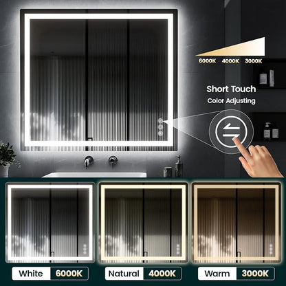 36" x 40" LED Bathroom Mirror with Lights, Memory Vanity Mirror | Anti-Fog, 3 Color Modes, Dimmable, Front Lit, Memory Function, Tempered Glass, Lighted Bathroom Mirror for Wall