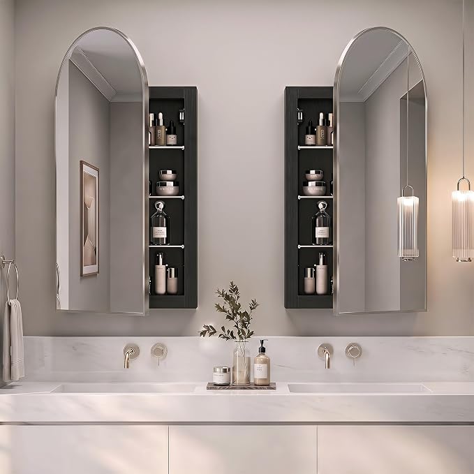 Arched Medicine Cabinet with Mirror,Recessed Medicine Cabinet Mirrors for Bathroom Mirror with Storage,Arched Metal Edge Medicine Cabinet,Brushed Nickel Arch Medicine Cabinets Mirror 16x31